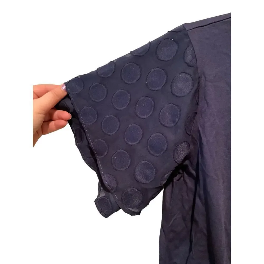 Michael Kors Blouse Top‎ Women SZ L Blue Polka Dot Ruffle Short Sleeve Crew Neck